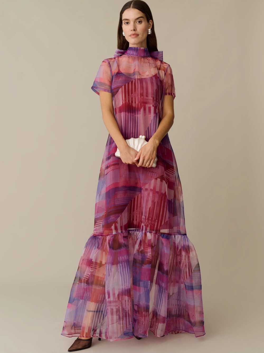 Few Moda Caara Sheer Pink-Purple Printed Maxi Dress with Slip in Berry Breeze